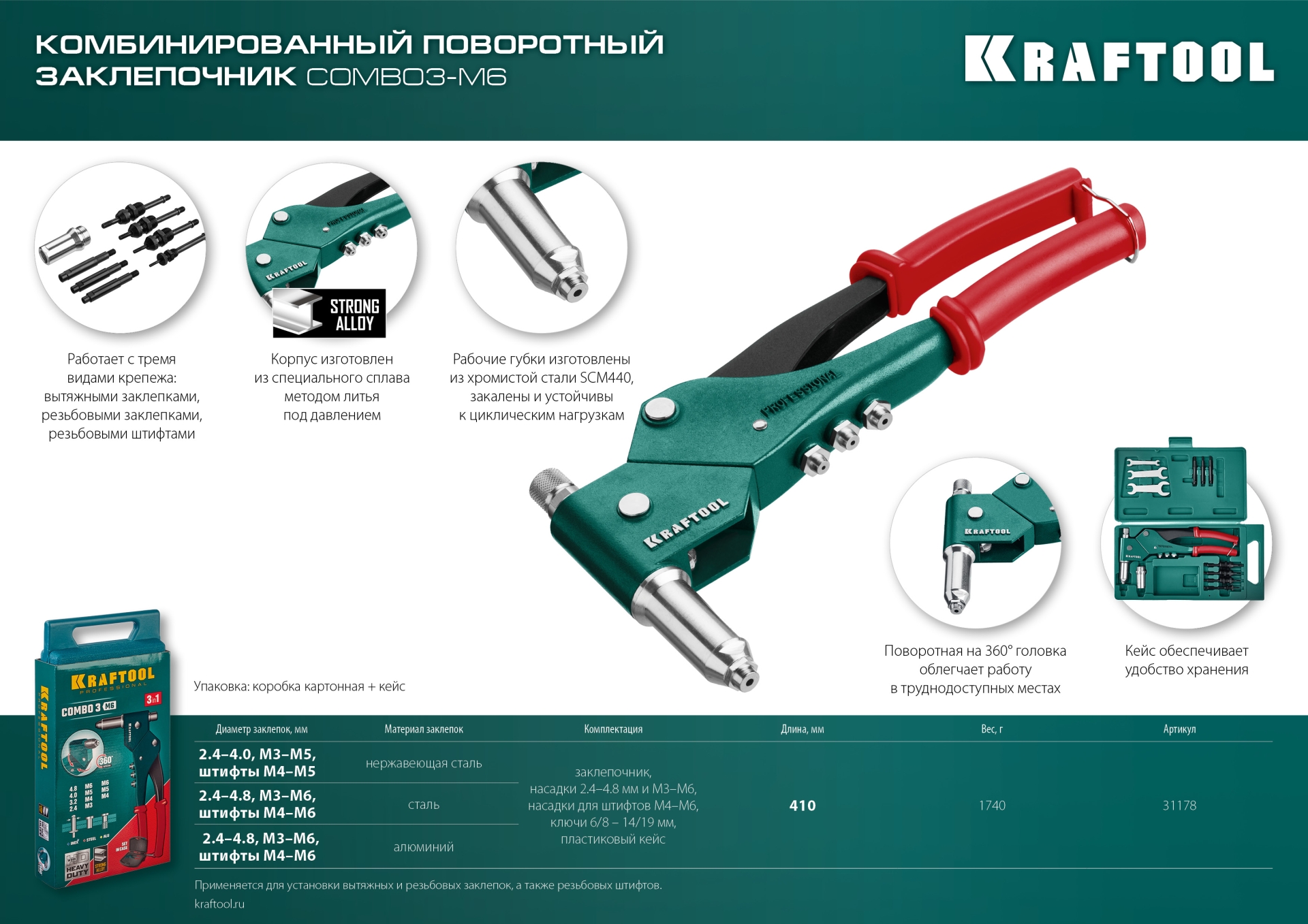 KRAFTOOL Combo3-M6, 360°, 3 вида заклёпок, комбинированный поворотный заклепочник в кейсе (31178)