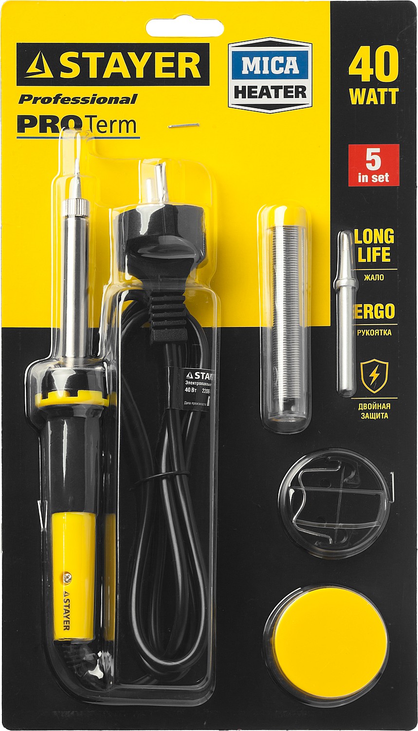 STAYER PROTerm, 40 Вт, с 2к рукояткой, конус, подставка + припой + сменное жало + канифоль, набор для паяльных работ, Professional (55312-40-H5)