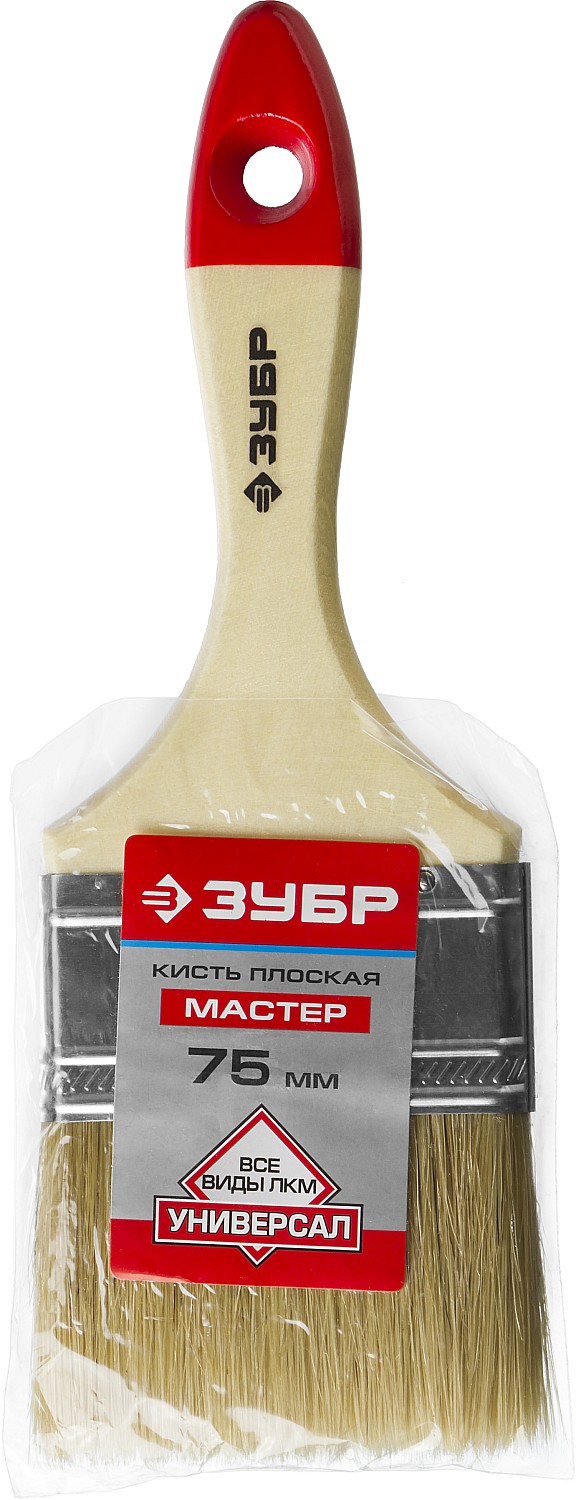 ЗУБР УНИВЕРСАЛ, 75 мм, 3″, светлая натуральная щетина, деревянная ручка, все виды ЛКМ, плоская кисть (4-01003-075)