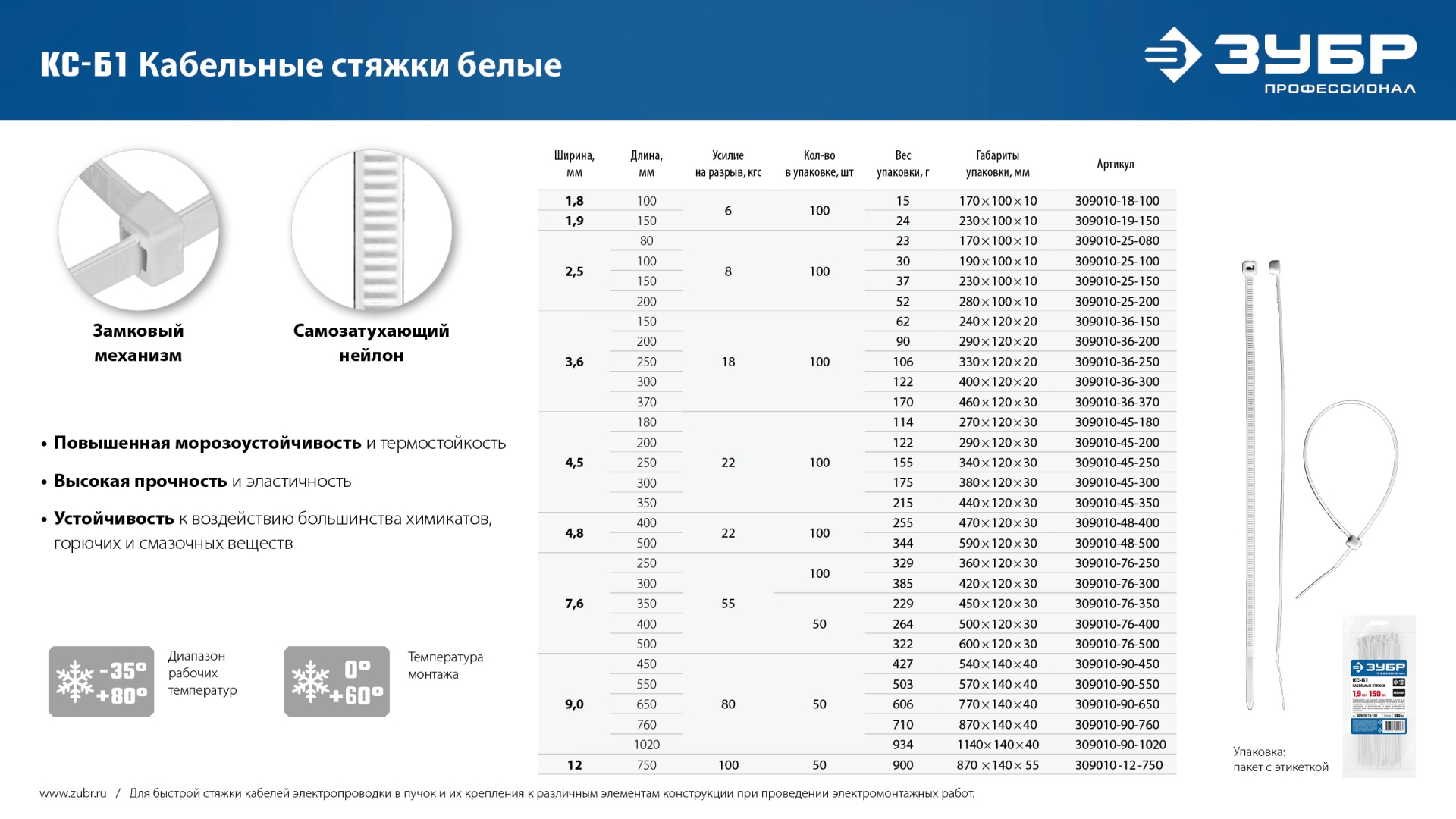 ЗУБР КС-Б1, 7.6 x 350 мм, нейлон РА66, 50 шт, белые, кабельные стяжки, Профессионал (309010-76-350)