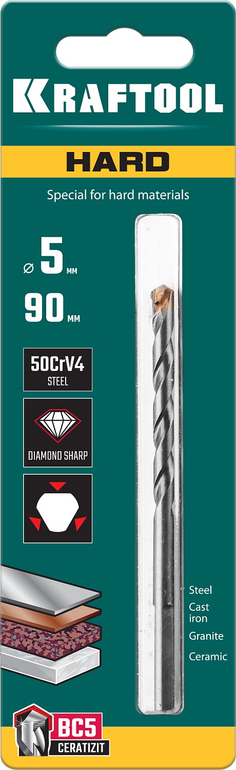 KRAFTOOL Hard, 5 х 90 мм, тв.сплав ВС5, сверло специальное по твёрдым материалам (29177-090-5)