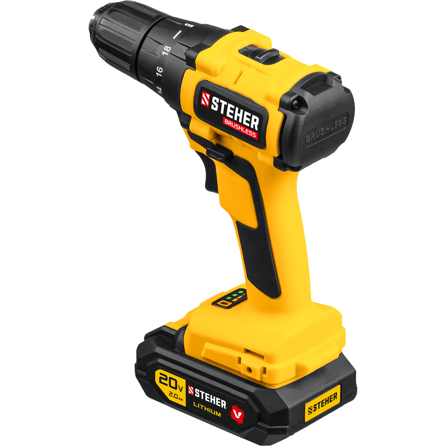 STEHER V1, 20 В, 45 Н·м, 2 АКБ (2 А·ч), бесщеточная дрель-шуруповерт, кейс (CDB-200-2)