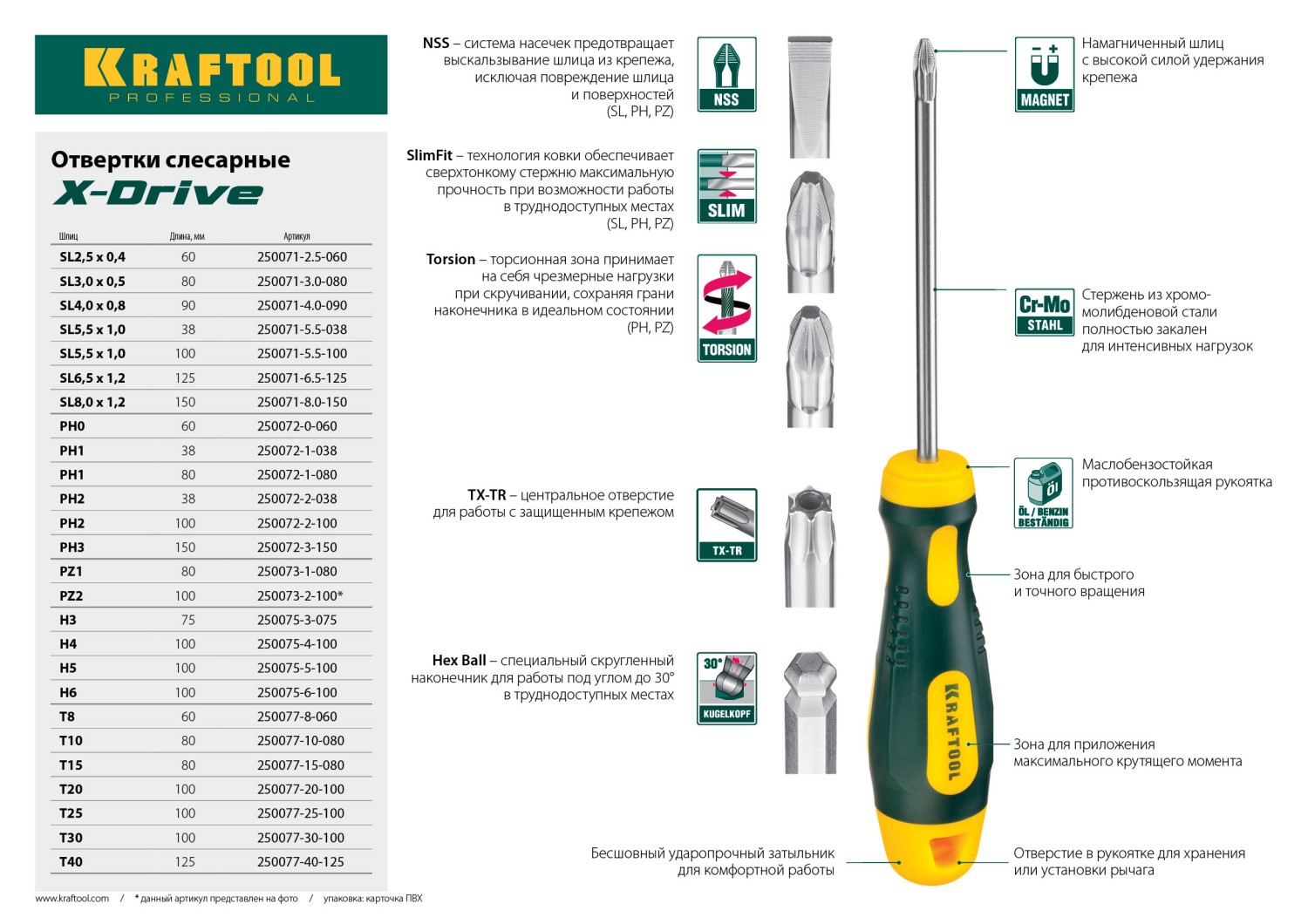KRAFTOOL Х-Drive, SL6 x 125, отвертка (250071-6.5-125)