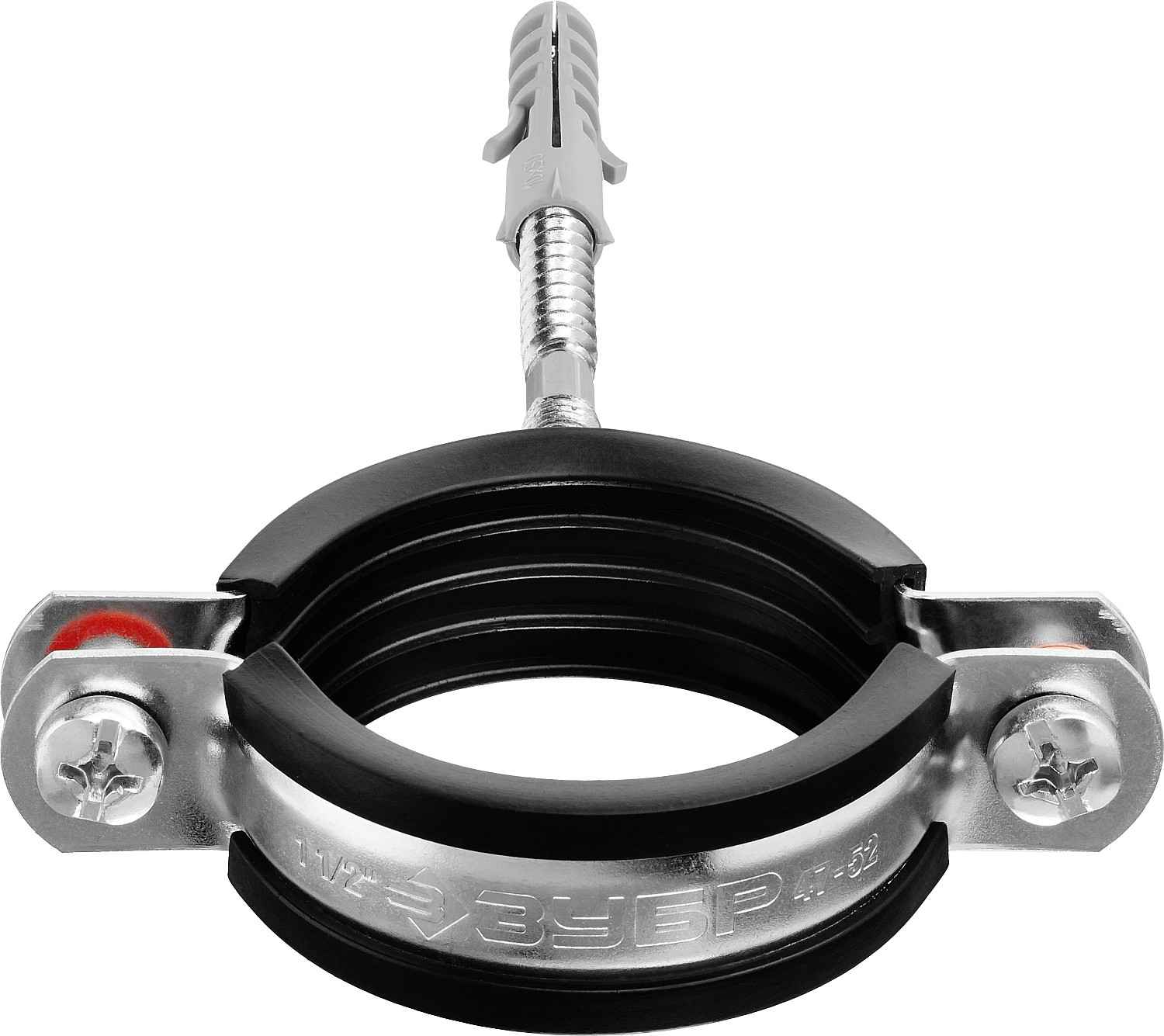 ЗУБР 1 1/2″, цинк, 1 шт, трубный хомут с сантехнической шпилькой и дюбелем (37866-47-52)