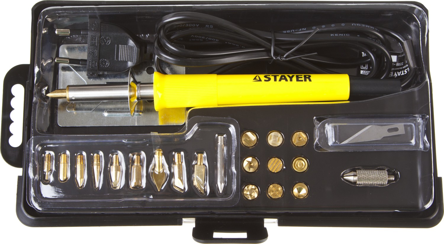 STAYER PROTerm, 30 Вт, 3 в 1, в наборе: 20 насадок, в кейсе, прибор для выжигания, пайки и резки, Professional (45227)