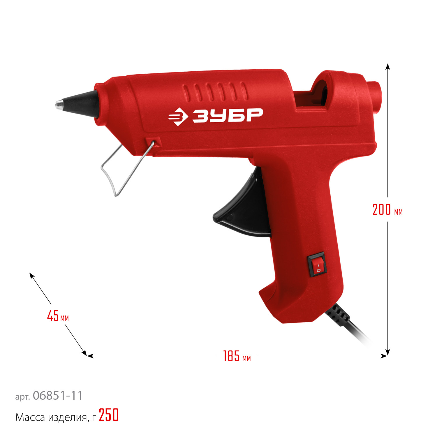 ЗУБР d 11 мм, выход клея 10 г/мин, электрический термоклеевой пистолет (06851-11)
