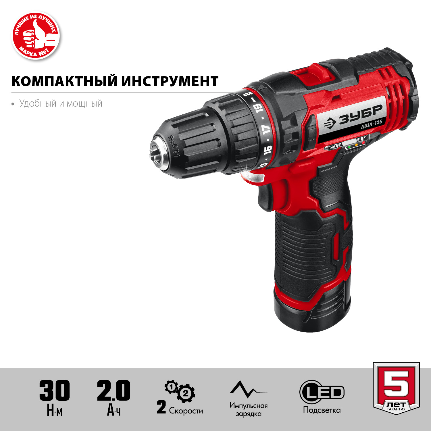 ЗУБР С1-12, 12 В, 30 Н·м, 2 АКБ (2 А·ч), дрель-шуруповерт, кейс (ДШЛ-125-22)