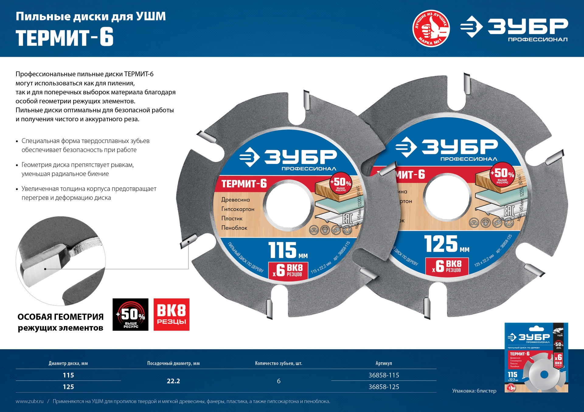 ЗУБР Термит-6, 115 х 22.2 мм, 6 резцов, для УШМ, усиленный, пильный диск по дереву, Профессионал (36858-115)