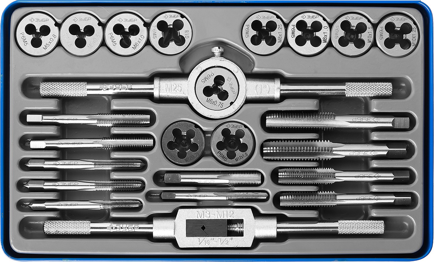 ЗУБР 24 предмета, сталь Р6М5, набор метчиков и плашек, Профессионал (28110-H24)