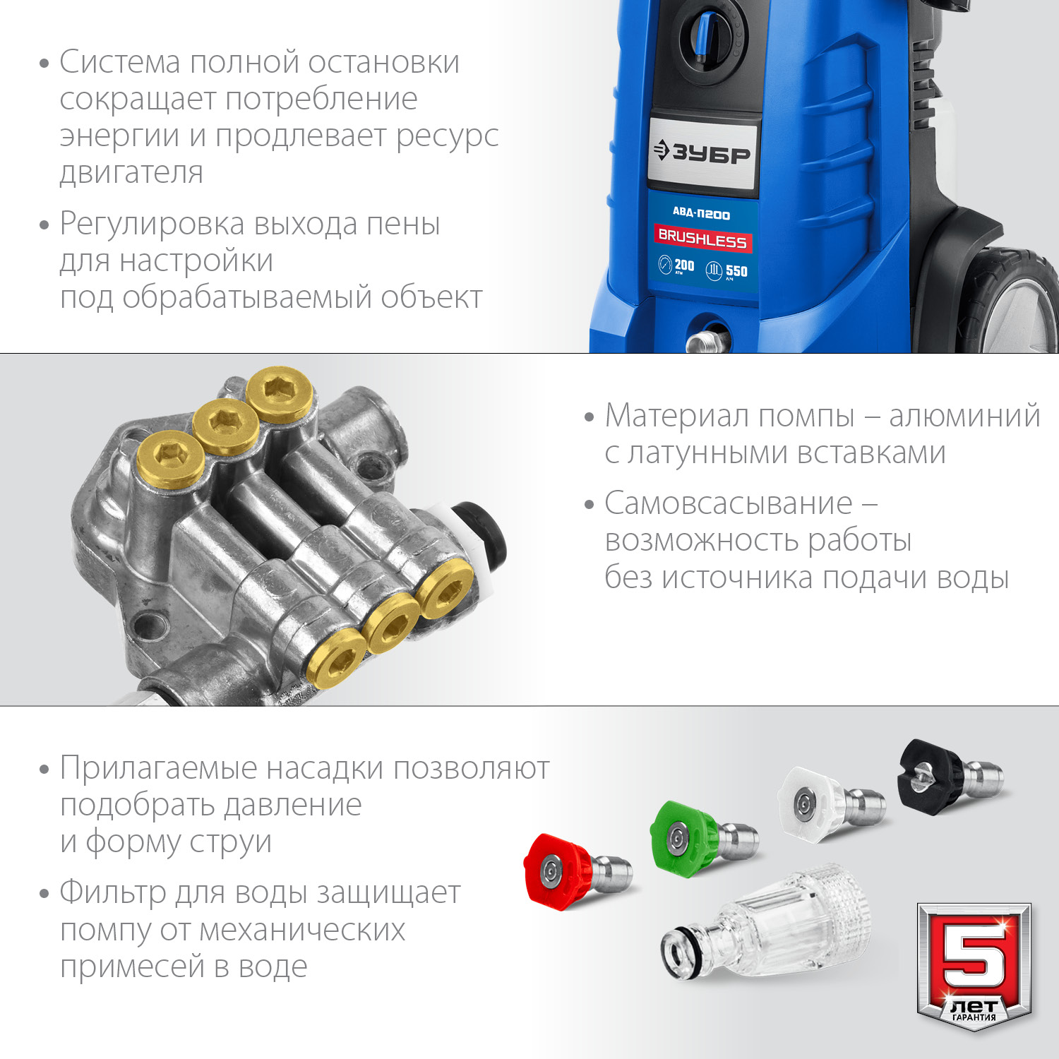 ЗУБР 200 Атм, 2600 Вт, мойка высокого давления, пистолет МИГ-280, Профессионал (АВД-П200)