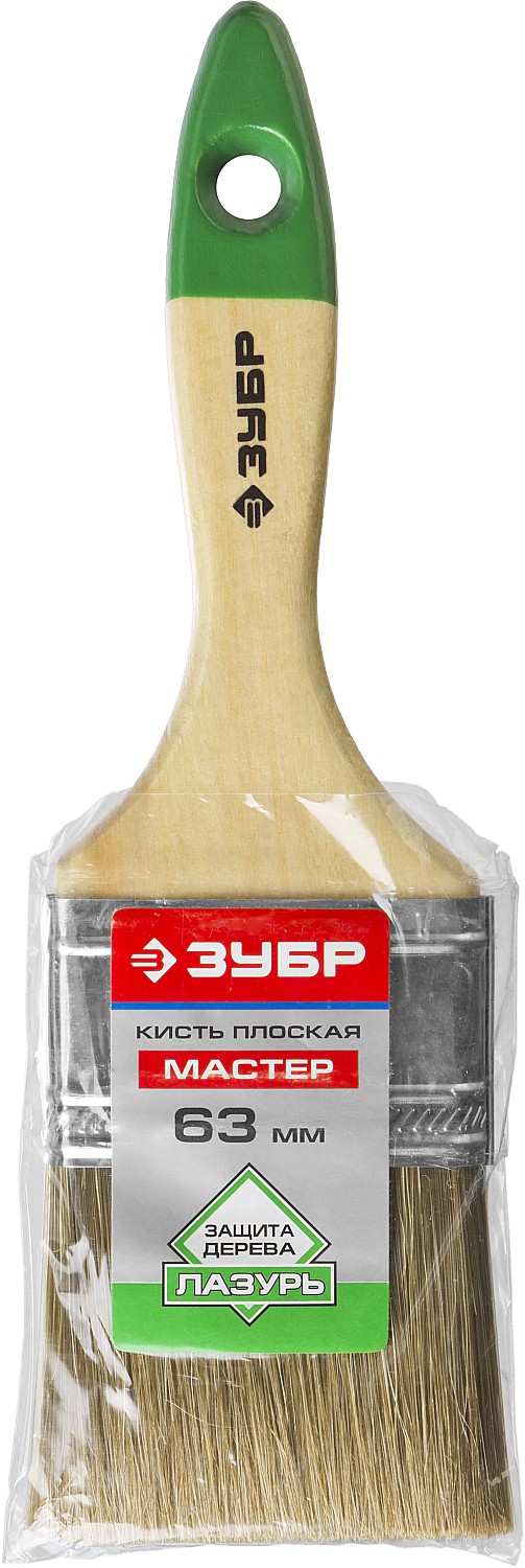 ЗУБР ЛАЗУРЬ, 63 мм, 2.5″, светлая смешанная щетина, деревянная ручка, плоская кисть (4-01009-063)