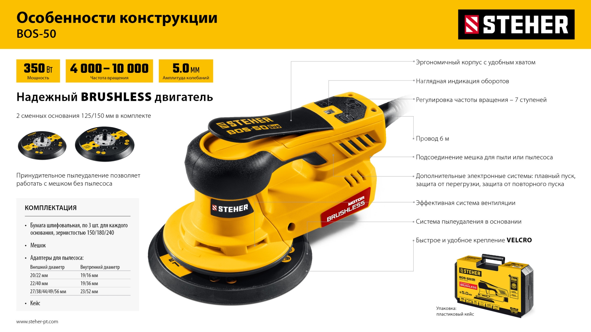 STEHER BOS-50 Duo, d125 / d150 мм, 5.0 мм, 350 Вт, бесщеточная орбитально-шлифовальная машина, кейс (BOS-50)