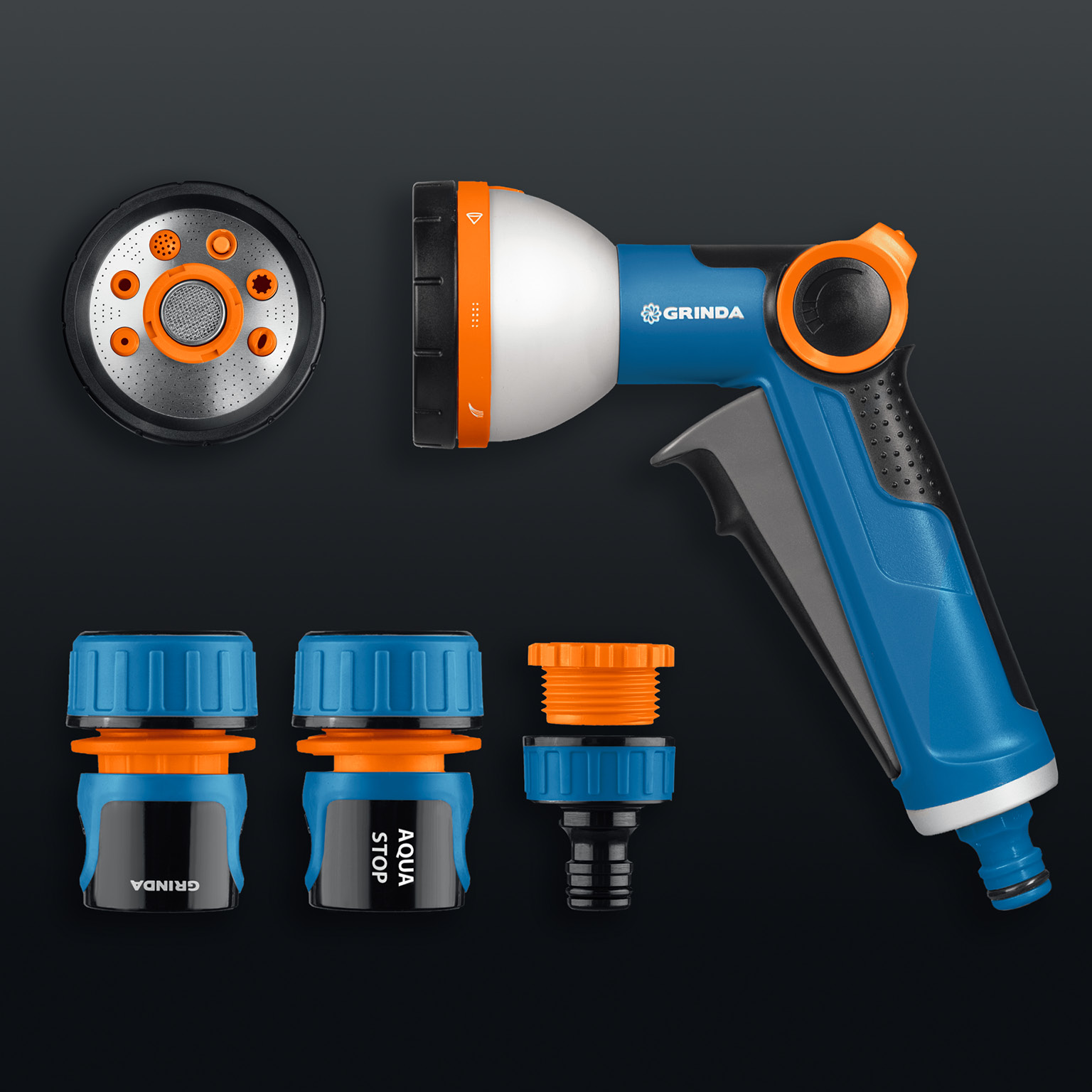 GRINDA Х-834, пистолет поливочный X-8, коннектор 3/4, конектор 3/4 с автостопом, адаптер с внутр. резьбой 1/2 х 3/4,набор поливочный PROLine (429167)