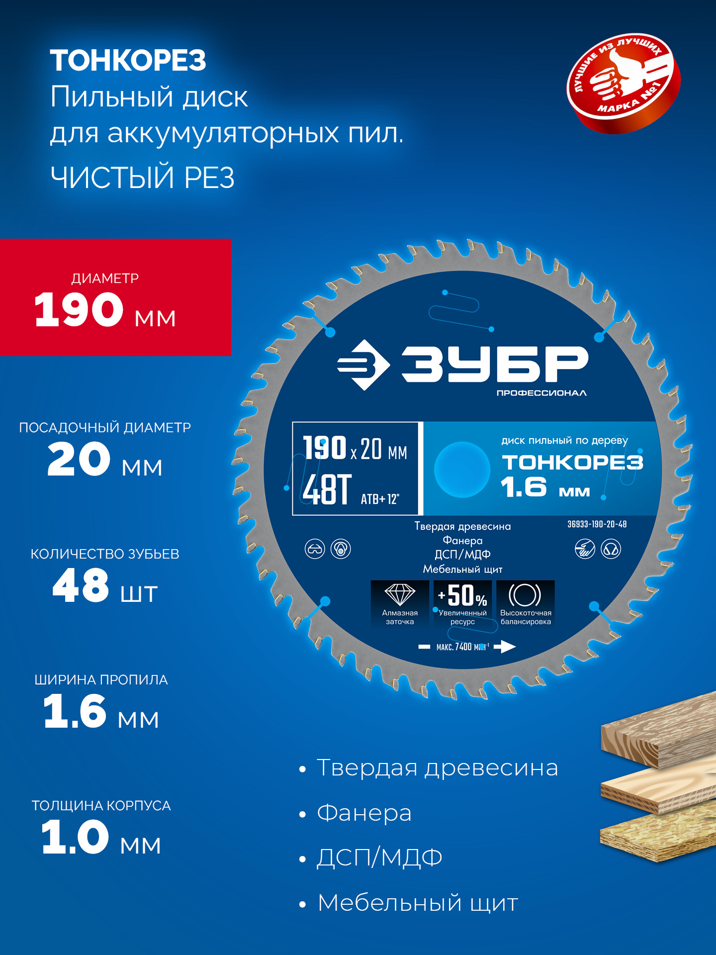 ЗУБР Тонкорез 190х20 x 1.6 мм, 48Т, диск пильный по дереву, тонкий рез, Профессионал (36933-190-20-48)