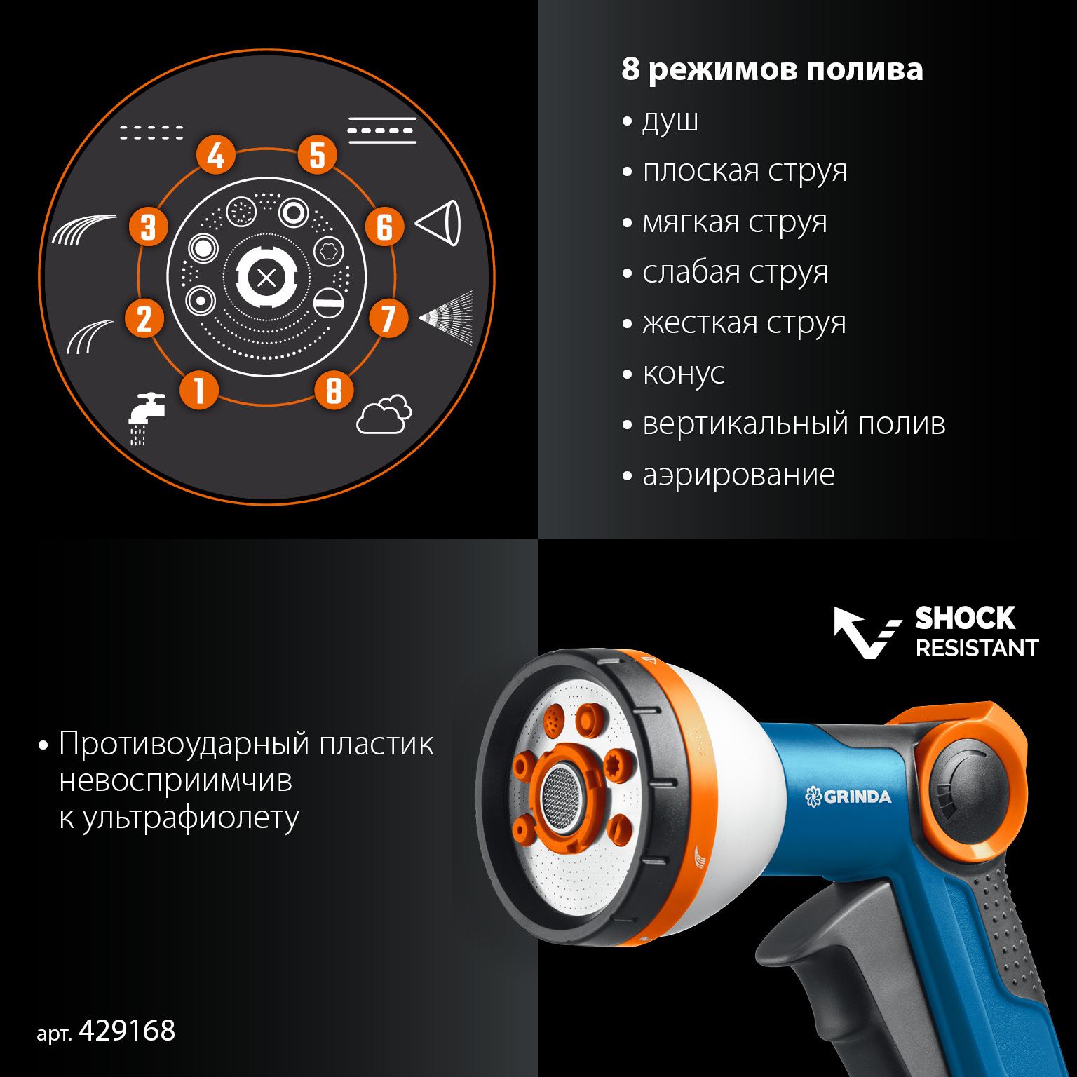 GRINDA Х-812, питолет поливочный X-8, коннектор 1/2, конектор 1/2 с автостопом, адаптер с внутр. резьбой 1/2 х 3/4, набор поливочный PROLine (429168)