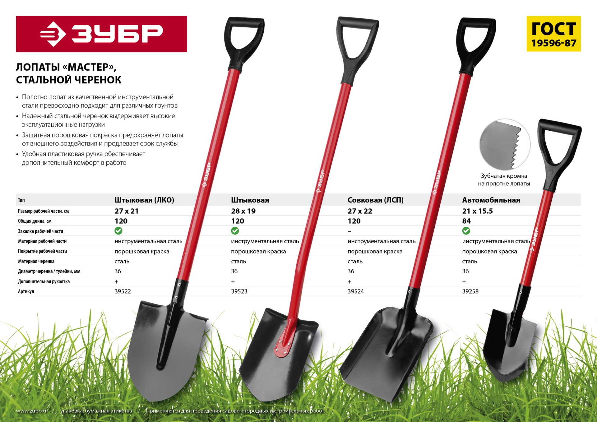 ЗУБР МАСТЕР, 270 х 220 х 1180 мм, полотно 1.5 мм, стальной прямой черенок с рукояткой, тип ЛСП, совковая лопата (39524)