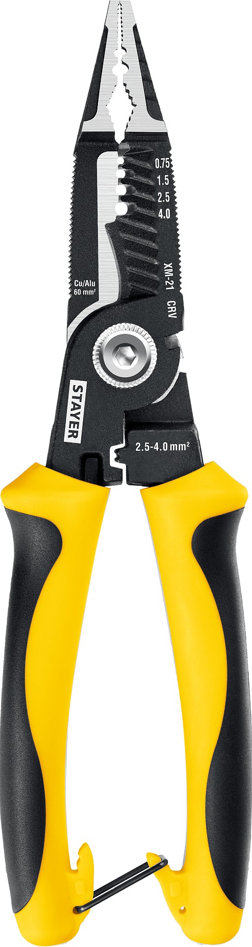 STAYER XM-21, резка d 14мм, зачистка 0.75 – 25 мм2, кримпер 2.5 мм2, плоскогубцы 210 мм, электромонтажные клещи, Professional (23342-21)