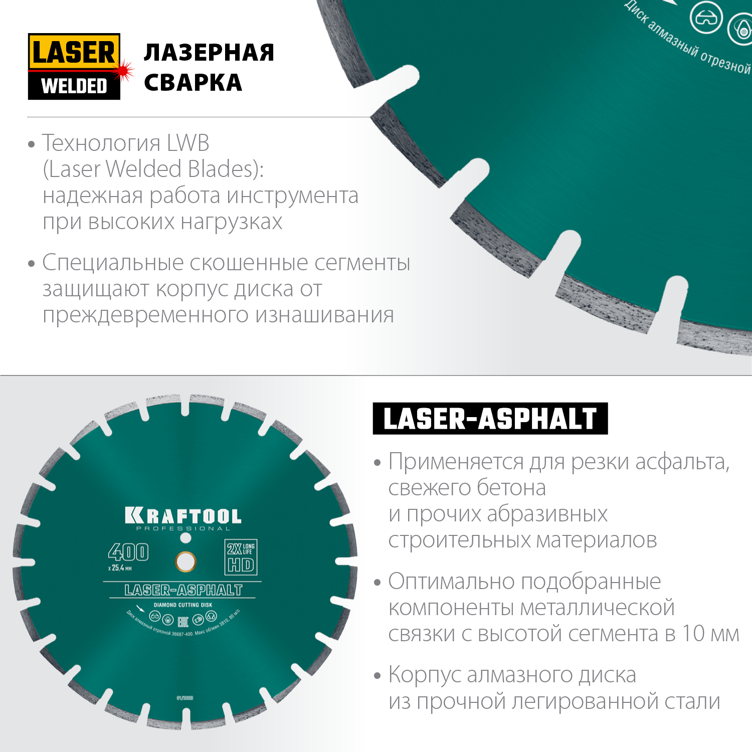 KRAFTOOL LASER-ASPHALT 400 мм (25.4/20 мм, 10х3.4 мм), алмазный диск (36687-400)