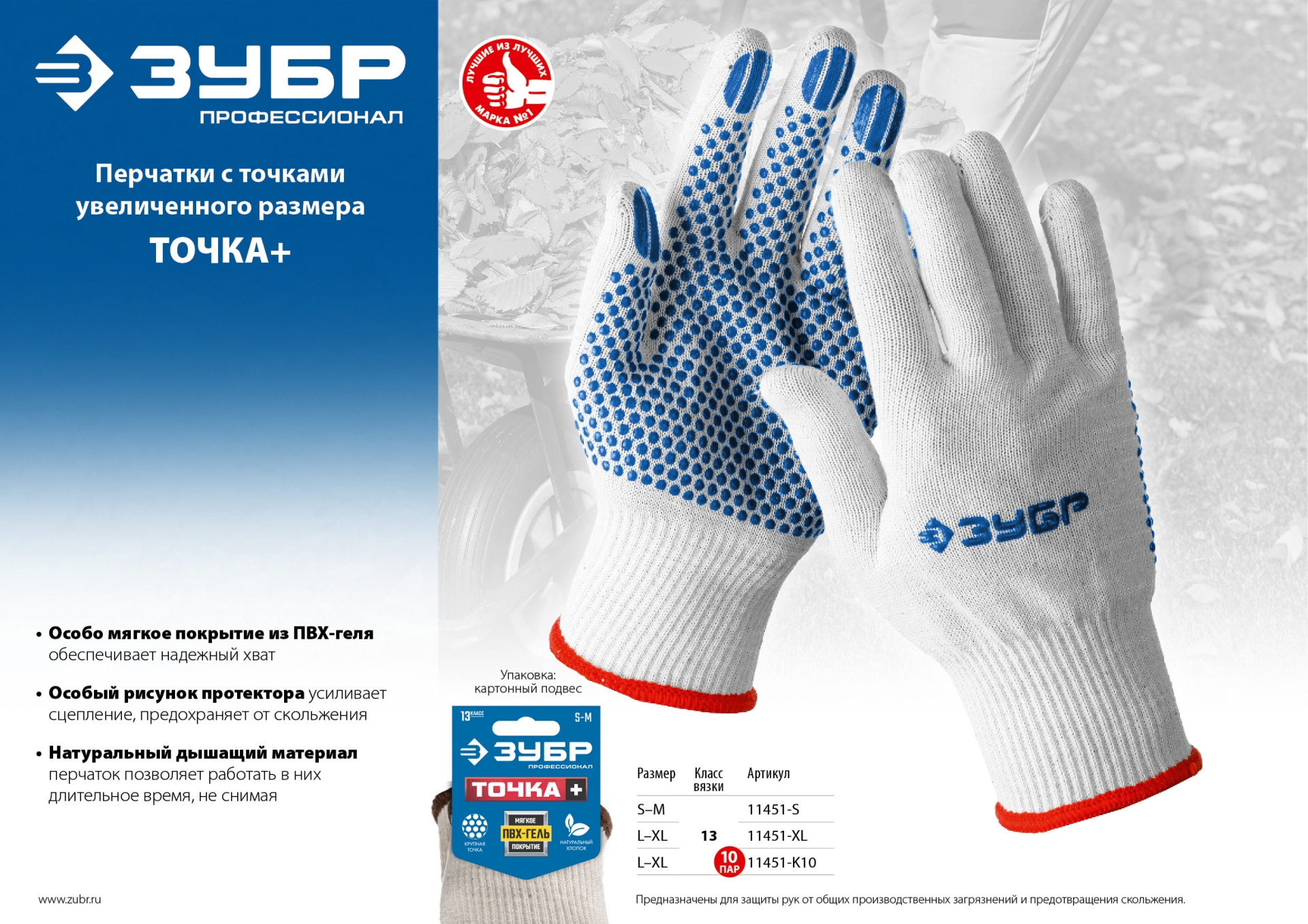 ЗУБР ТОЧКА+, S-M, х/б перчатки с покрытием из ПВХ-геля, противоскользящие, точки увеличенного размера, 13 класс, Профессионал (11451-S)