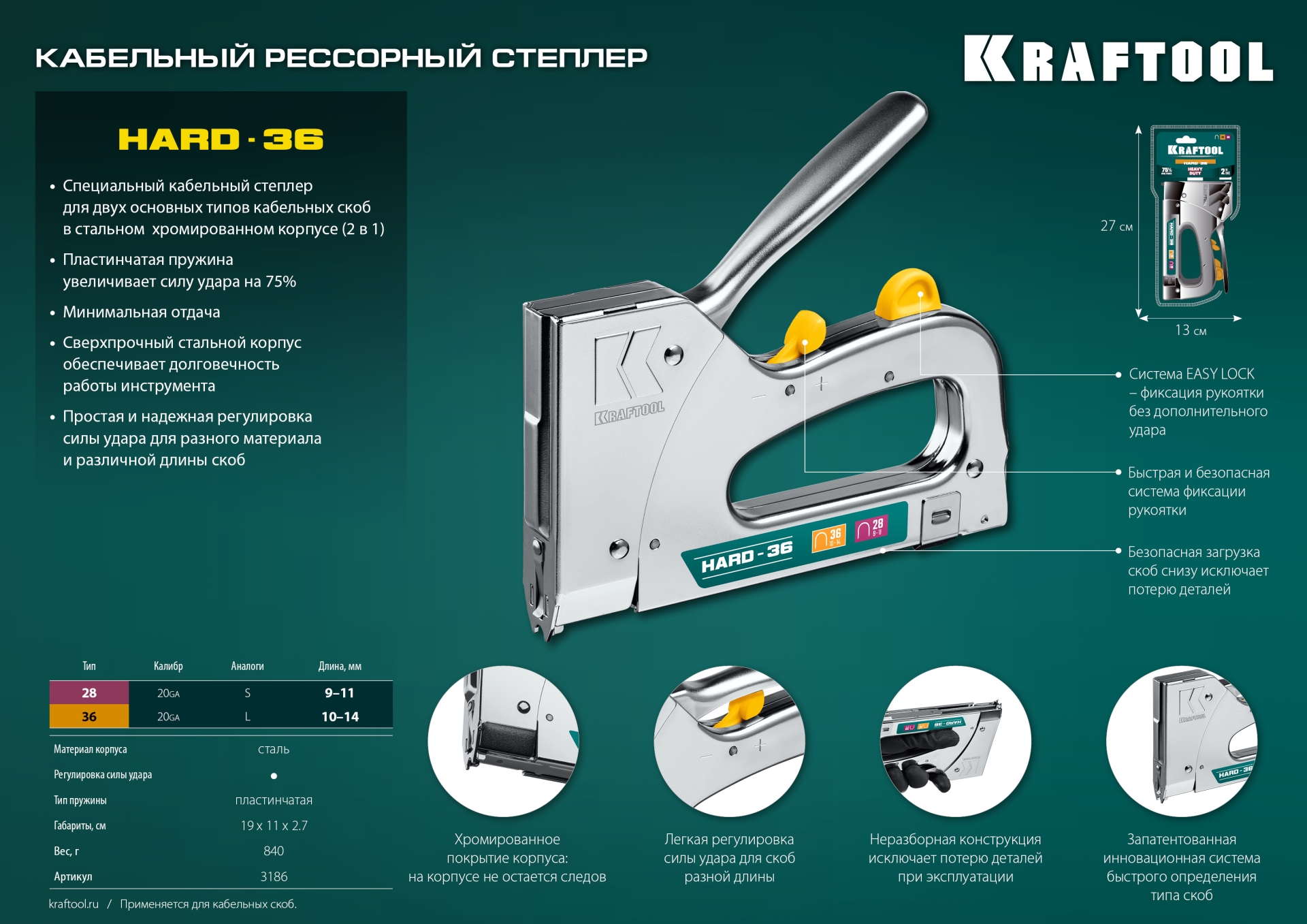 KRAFTOOL EXTREM 36, тип 36 (L) калибр 20GA (10 - 14 мм)/28, кабельный рессорный степлер (3186)