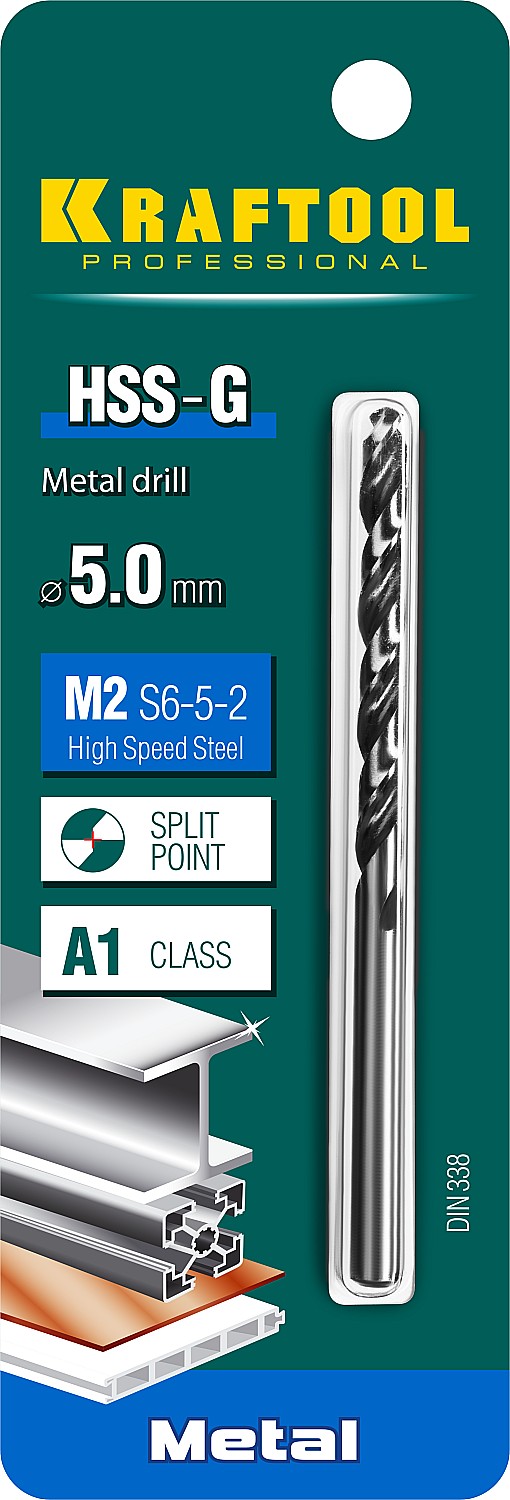 KRAFTOOL HSS-G, 5.0 х 86 мм, сталь P6M5, сверло по металлу (29651-5)