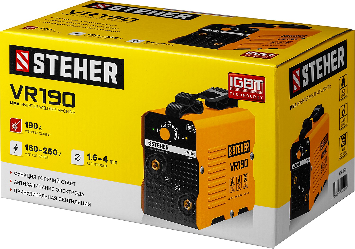 STEHER ММА, 190 А, сварочный аппарат инверторный, макс. электрод Ø 4.0 мм (VR-190)