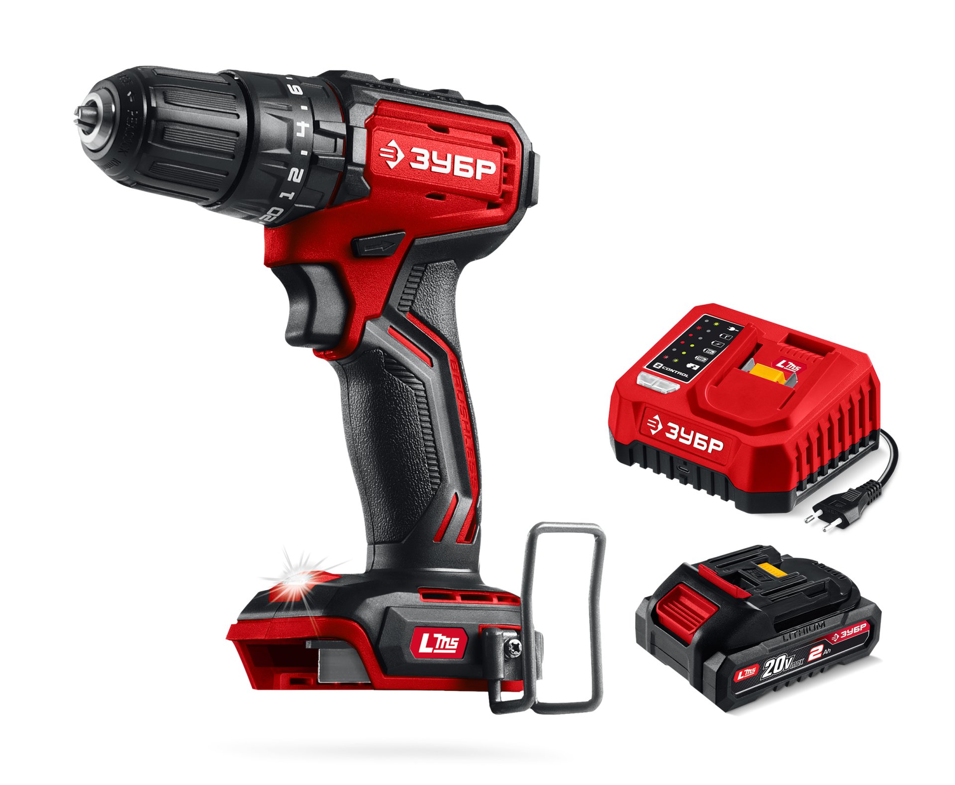 ЗУБР 20 В, 45 Н·м, 1 АКБ LMS (2 А·ч), бесщеточная ударная дрель-шуруповерт (ДБУ-45-21)
