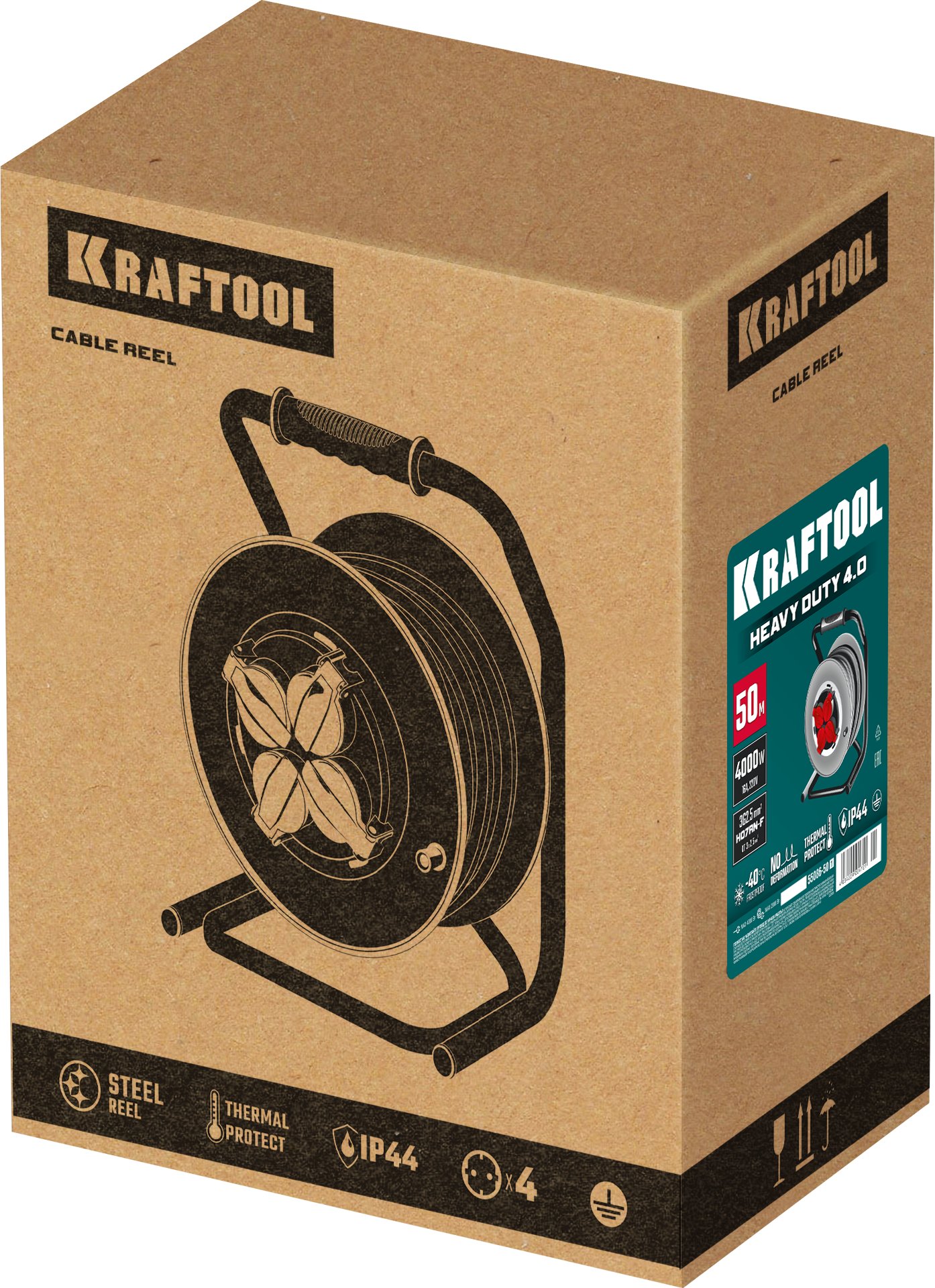 KRAFTOOL КГ 3х2.5 50м 4000Вт IP44, HEAVY DUTYСиловой удлинитель на стальной катушке (55086-50)