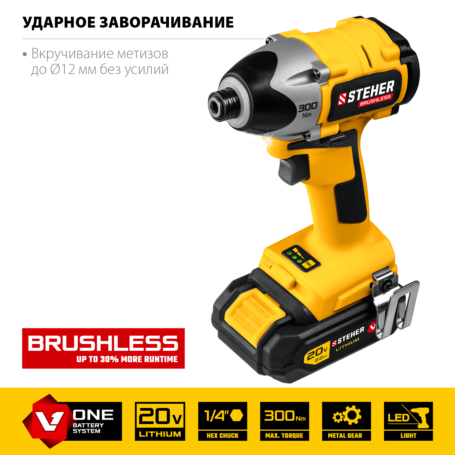 STEHER V1, 20 В, 300 Н·м, 2 АКБ (2 А·ч), бесщеточный винтоверт, кейс (CSB-300-2)